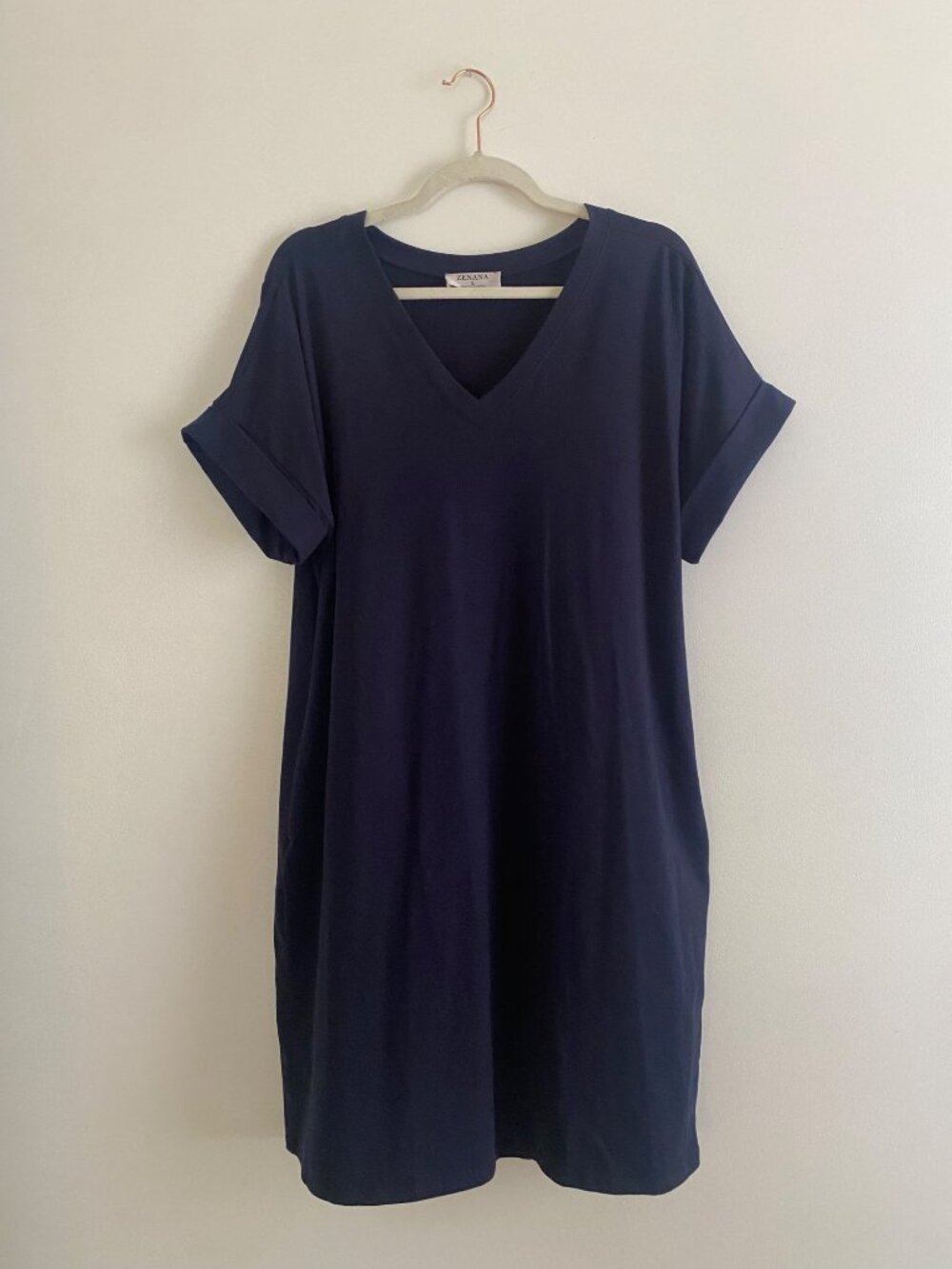 Zenana Navy Blue V-Neck T-Shirt Dress With Pockets Women's Size L